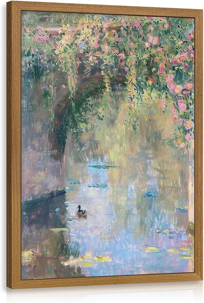 CAZLOUC Vintage Monet Floral Wall Art, Rustic Still Life Canvas Painting, Impressionist Pond Duck Wall Decor, Watercolor Botanical Landscape Poster Print for Bedroom Bathroom Wood Framed 16x24 Inch