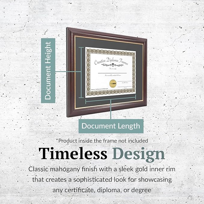 Creative Picture Frames 11x14 Mahogany Gold Rim Diploma Frame with Black Mat Glass and Installed Wall Hangers | Frame Holds 16x20 Media without Mat