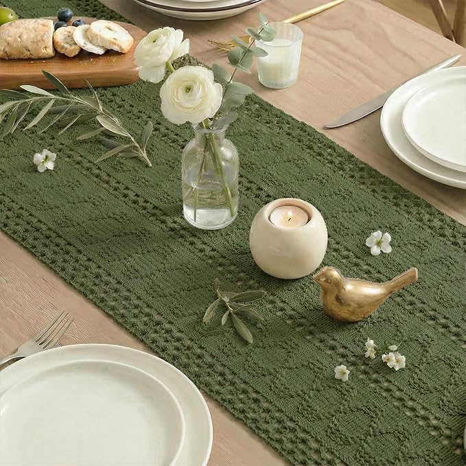 Artoid Mode Army Green Farmhouse Woven Rustic Hollow Table Runner, Seasonal Holiday Hollow Kitchen Dining Table Decoration for Home Party Decor 12x36 Inch