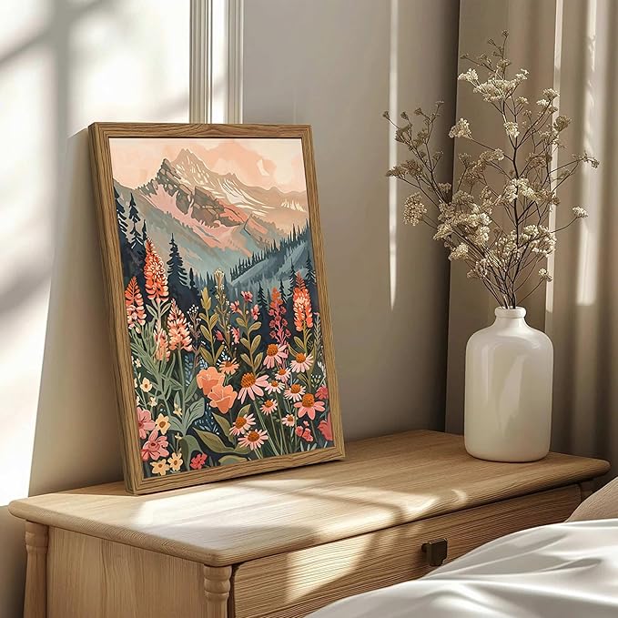 Boho Colorful Landscape Wall Art Set of 3, Vintage Wildflower Mountain Canvas Wall Decor Paintings, Rustic Nature Floral Pictures Prints for Living Room Bedroom 12x16 Inch Wood Framed