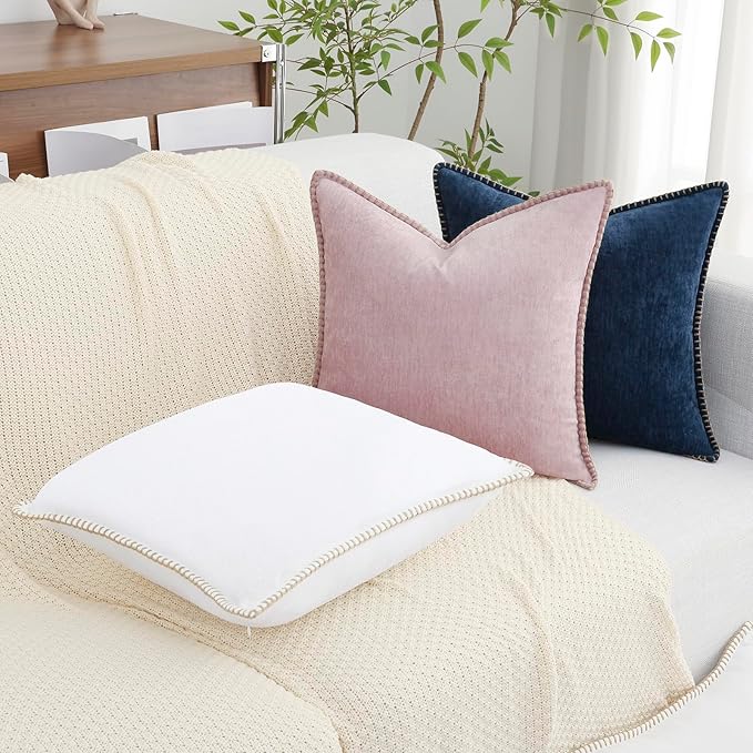 decorUhome Spring Chenille Soft Throw Pillow Covers 12x20 Set of 2, Lumbar Velvet Farmhouse Neutral Decorative Pillow Covers with Stitched Edge for Couch Sofa Bed Home Decor, White