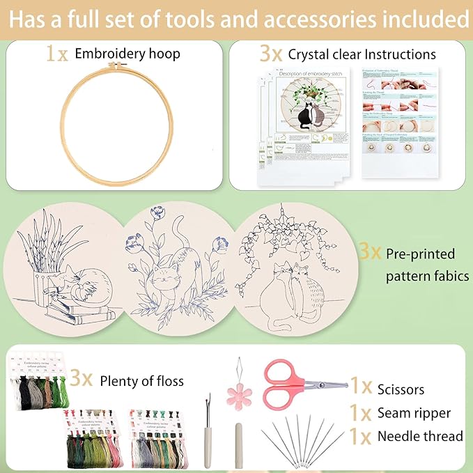 Ohcol 3 Sets Cat Embroidery Kit,Needlepoint Kits for Adults Beginner,Needle Point Sets with Washable Pre-Printed Pattern,1 Hoop,Women Hand Crafts