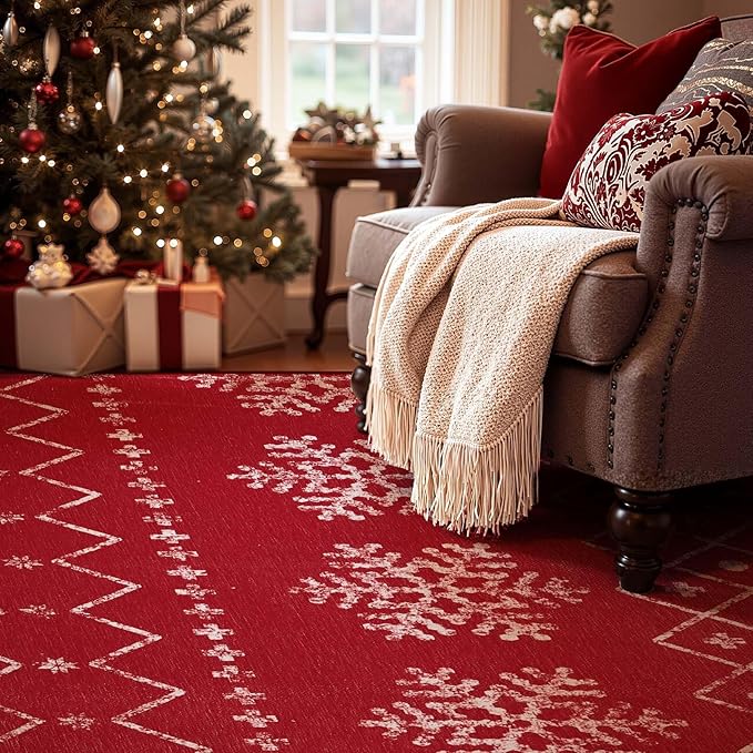 jinchan 8x10 Red Snowflake Christmas Rug Washable Large Area Rug for Living Room Bedroom Non-Slip Soft Carpet Xmas Geometric Floor Mat Winter Lattice Holiday Decor for Dining Room Porch