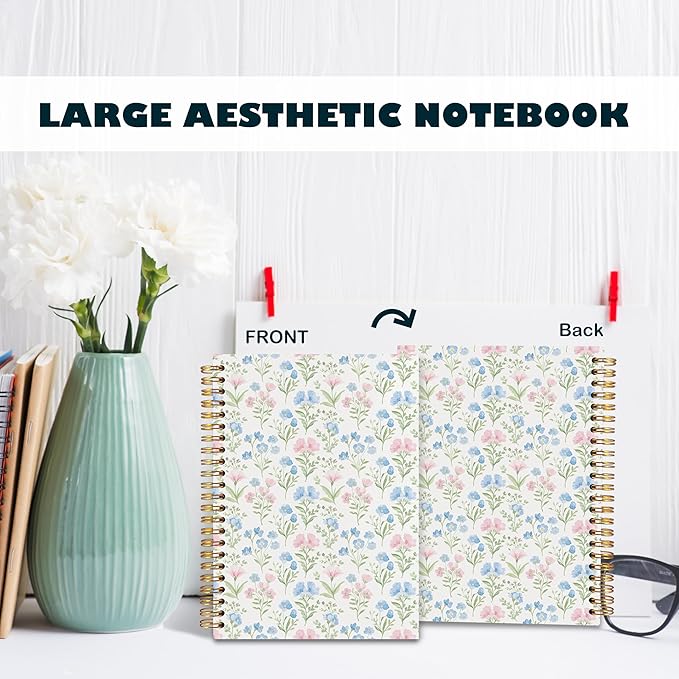 BearCake Floral Flower Notebook Journal, Blue Floral Aesthetic Notebook, Chinoiserie Journal, Blue Aesthetic Office Supplies, Notebooks for Work, Hardcover Spiral Notebook 5.5x8.3