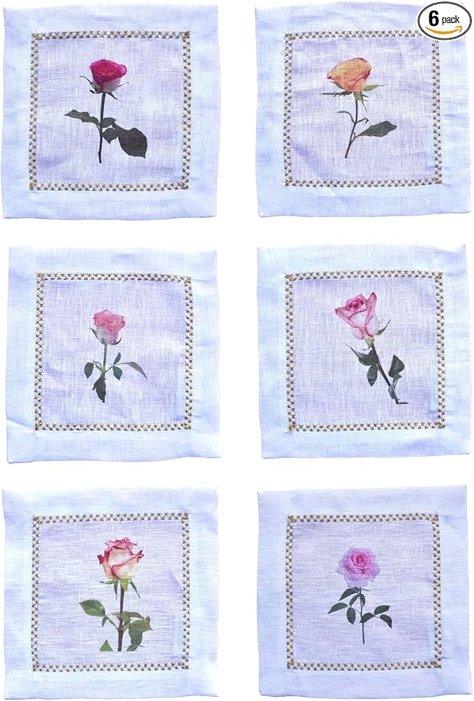 Cocktail Napkins Set of 6, 6x6 inch, 100% Linen, Printed Floral Design, Reusable & Washable Napkin Coasters for Beverages, Parties, Weddings & Everyday Use (Rose)