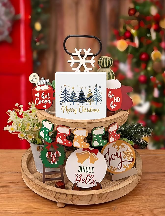 Blue and Gold Christmas Tree Wooden Box Sign, Merry Christmas Decorations, Xmas Holiday Winter Wood Signs for Home Office Desk Shelf Tabletop Decor, 5x5 Inch Decorative Signage