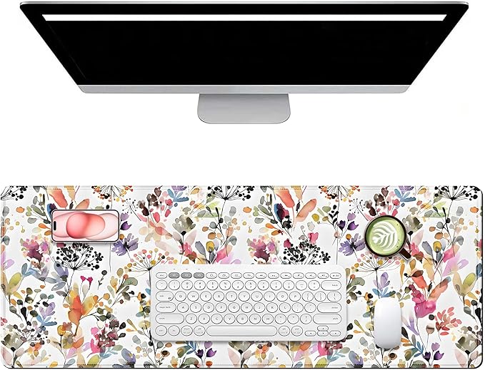 Watercolor Flowers Pink Large Mouse Pad with Stitched Edges, Floral Patterns Big Mousepad for Desk. Premium-Textured Mouse Mat, Non-Slip Rubber Base Mousepad for Laptop, Computer & Pc