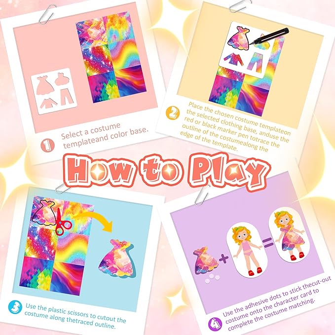 Dress-Up Cutting and Pasting Set, Paper Make Doll Clothes Craft Kit, 24 PCS Pretend Play Game for Girls, Outfit and Accessory Pieces, Mess-Free Travel Toys for Kids Ages 4-8