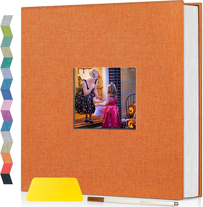 popotop Photo Album Self Adhesive with Picture Display Window,40 Pages DIY Scrapbooking Supplies Kit for 4x6 8x10 Picture,Linen Cover Memory Book for Baby Wedding, with Scraper and Metallic Pen