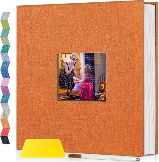 popotop Photo Album Self Adhesive with Picture Display Window,40 Pages DIY Scrapbooking Supplies Kit for 4x6 8x10 Picture,Linen Cover Memory Book for Baby Wedding, with Scraper and Metallic Pen
