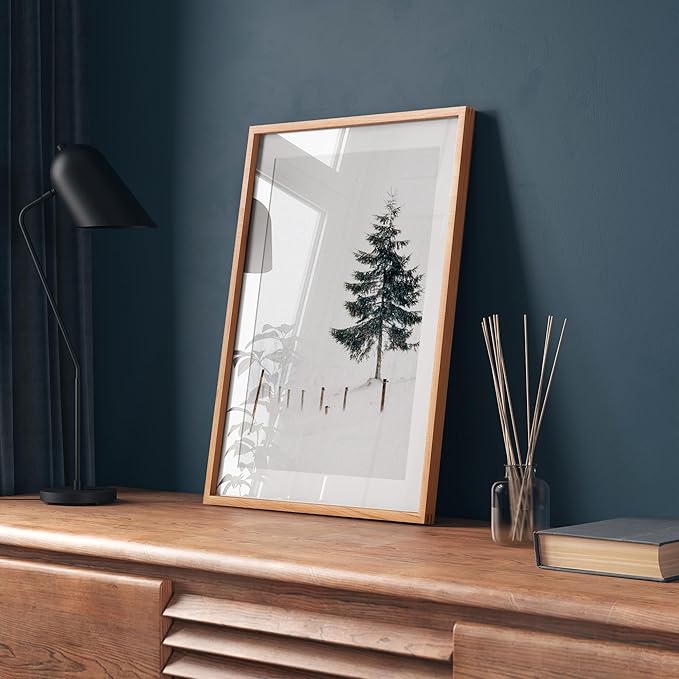 18x24 Poster Frame, USA-Sourced Natural Cherry Wood Picture Collage Frame with HD Tempered Glass, Modern Simple 18 x 24 Wooden Photo Frame Matted to 16x20, Vertical & Horizontal Wall Hanging Display