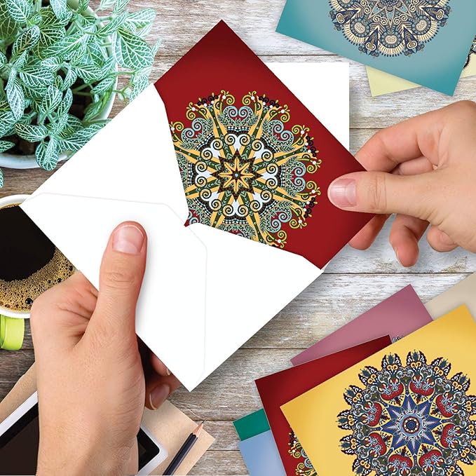 The Best Card Company - 10 Blank Note Cards Assortment (4 x 5.12 Inch) - Zen Patterns and Symbols, Bulk Boxed Set - Mandala Mania M3964