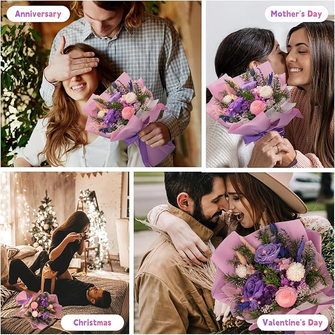 HUACHIPLUS Natural Eternal Flowers Gift: Preserved Flowers Bouquet, Anniversary, Birthday, Mom Gifts for her-Flowers for Delivery Prime-Purple Forever Christmas flower arrangement (Lilac)
