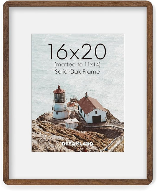 16x20 Picture Frame, Natural Oak Wood Photo Frame with Mat for 11x14, Round Corner 16 x 20 Matted Picture Frames with Resistant Plexiglass for Wall Mounting or Tabletop, Walnut Color, Set of 1