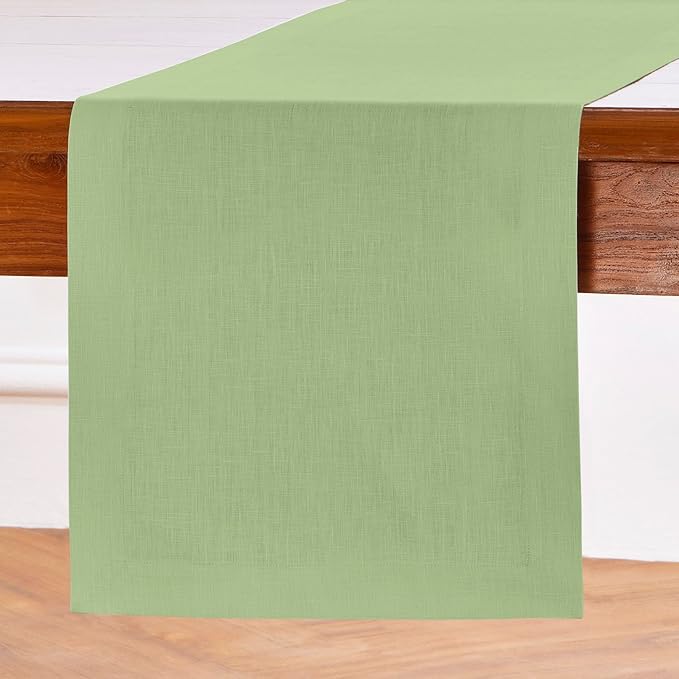 Solino Home Linen Laurel Green Table Runner 132 Inches Long - 100% Pure Linen Extra Long Table Runner 14 x 132 Inch for Spring, Easter, St Patricks Day - Fete