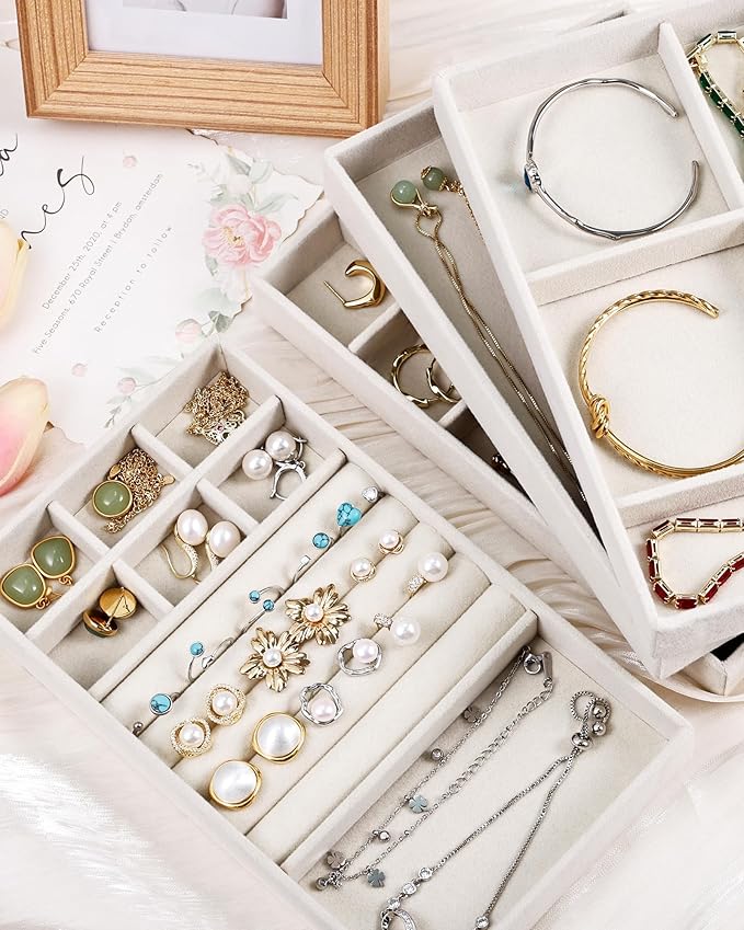 Stackable Jewelry Organizer Trays with Removable Dividers, 4-Tray Beige Jewelry Drawer Organizer Set for Earrings, Necklaces, Rings & Bracelets Gift for Her