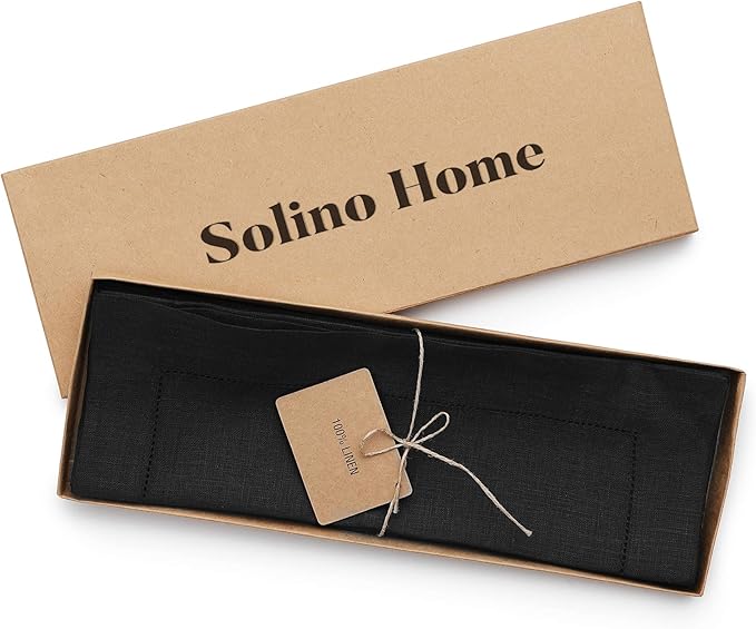 Solino Home Linen Placemats Set of 4 - Classic Hemstitch Black Placemats 14 x 19 Inch - 100% Pure Linen Table Mats for Winter, Spring, Easter