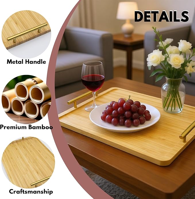 2 Pack Bamboo Serving Tray with Handles, 15.8×11.4“ Solid Wooden Tray for Food, Rectangular Tray for Ottoman, Coffee Table, Living Room