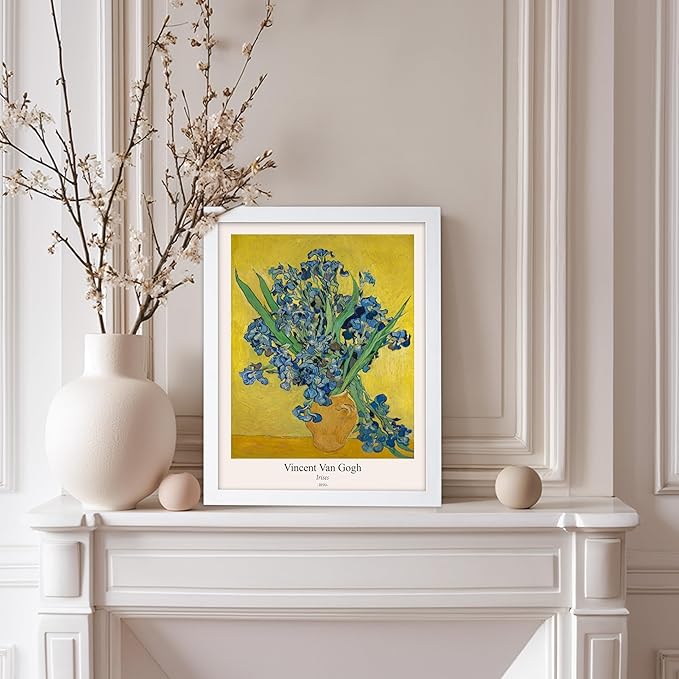 Monem Art Vintage Van Gogh Poster - Retro Irises Print - Flowers in Vase Art - Impressionism Art - Floral Art - Fine Art - Classic Painting Art - Living Room Wall Decor - 11x14 White Framed