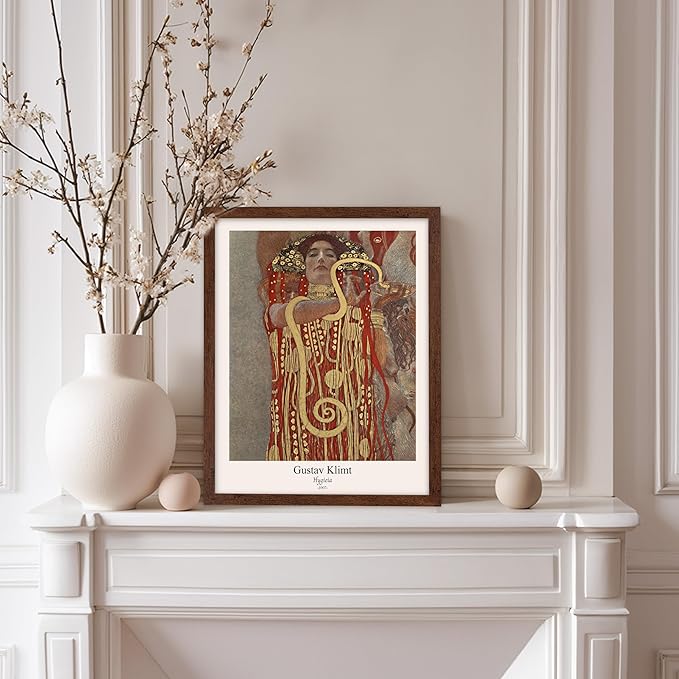Poster Master Vintage Gustav Klimt Poster - Retro Hygieia Print - Art Nouveau - Greek Goddess of Health Art - Symbolism Art - Classic Painting - Aesthetic Living Room Decor - 8x10 Brown Framed