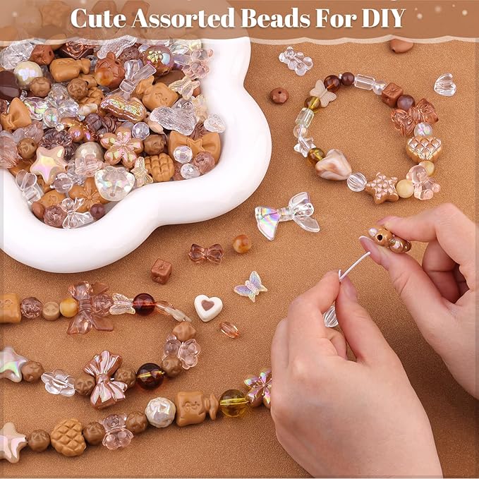 200-260PCS TINKRSTUFF Assorted Acrylic Beads Brown,Cute Beads for Bracelet Making, Bow Flower Butterfly GummyBear Kawaii Charms Aesthetic Bead for Necklace Keychain Jewelry Making DIY Phone Charm