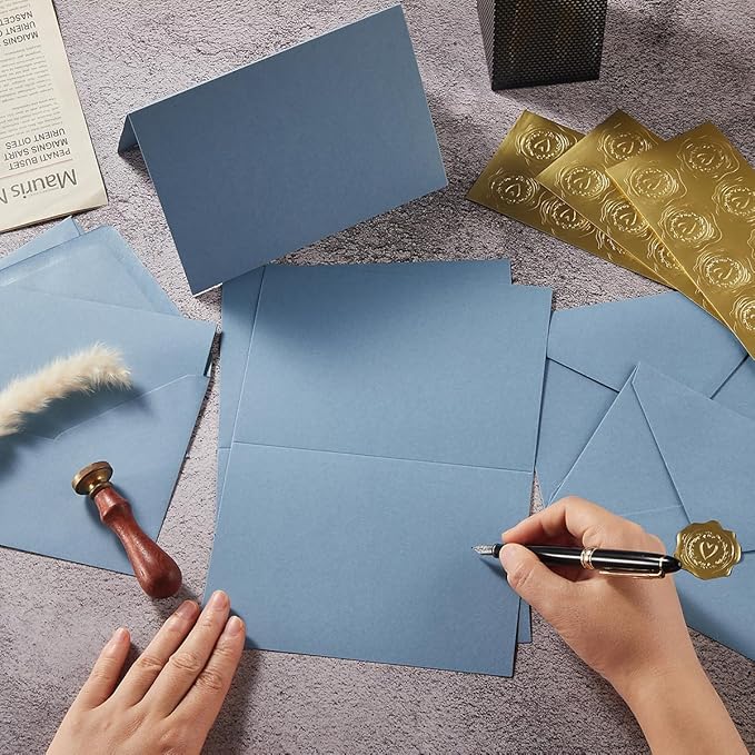 50 Pack Dusty Blue A6 Envelopes with Cards 4x6 Thick Folded Cardstock and Gold Stickers for Greeting Cards, Wedding, Birthday, Invitations, Baby Showers (Dusty Blue, 4x6)