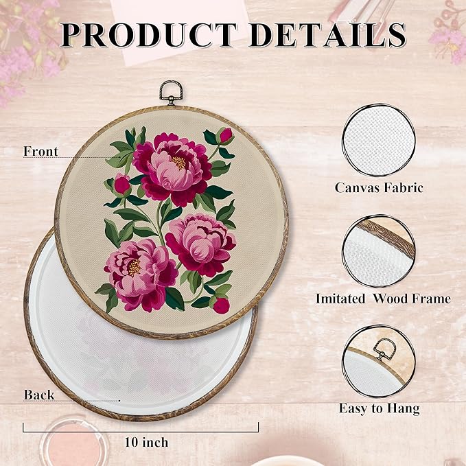 FUGWN Vintage Pink Peony Round Wall Art Decor Framed, Cottagecore Floral Canvas Artwork Prints, Retro Abstract Flower Botanical Wall Hanging Decorations for Home Bedroom Living Room, 10x10 Inch