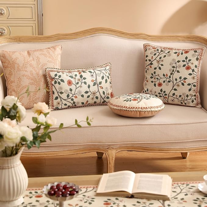 ISAENNE Design Linen Vintage Lumbar Square Round Throw Pillow Covers Set of 4, French Country Cushion Covers with Pink Blue Floral Pattern Decoration Pillowcases for Bed,Living Room,Outdoor,Car