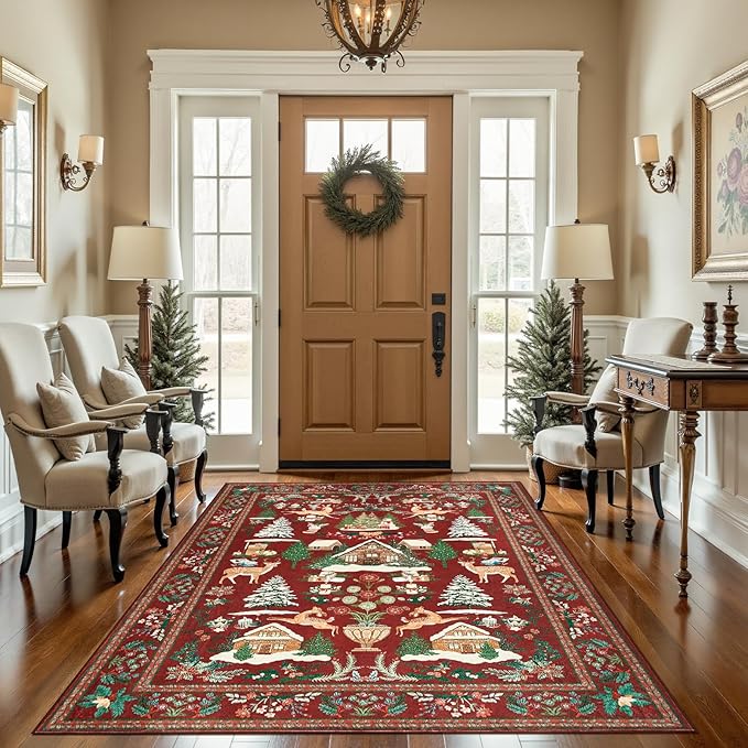 jinchan Christmas Rug 5x7 for Living Room Bedroom Maroon Holiday Decorative Rug for Dining Room Foyer Christmas Tree and Cabin Printed Xmas Decor Washable Non Slip Floor Carpet