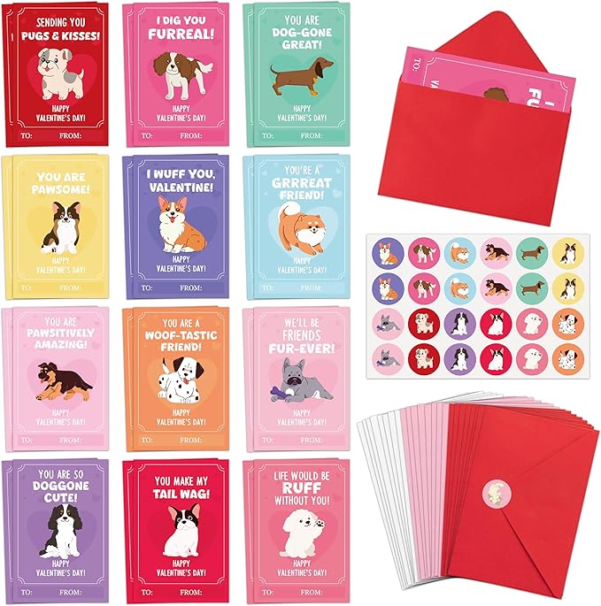 TICIAGA 72pcs Valentine's Day Cartoon Puppy Animal Greeting Card with Envelop and Stickers for Kids, Cute Dog Pet Notecard Exchange Gift for Boys and Girls School Classroom, Valentines Party Favors