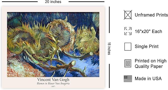 Monem Art Vintage Van Gogh Poster - Retro Blumen in Blauer Vase Anagoria Print - Sunflower Art - Impressionism Art - Fine Art - Classic Painting Art - Bedroom Wall Decor - 16x20 UNFRAMED Wall Art
