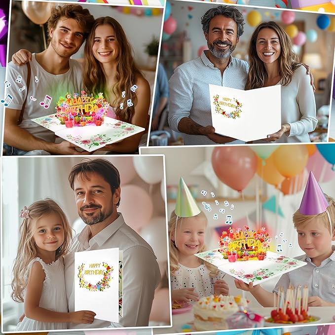 GREETING ART Musical Flower Birthday Card, Light and Music Pop Up Happy Birthday Card, Flower 3D Pop Up Birthday Gift Card for Women Wife Mom Daughter Sister