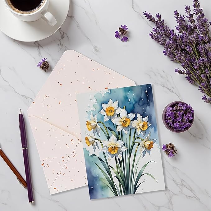 Blank Inside Greeting Card with Envelope, 5x7 Inch Watercolor Daffodil Greeting Card – Birthday, Thank You, Sympathy, All Occasion - Single Card