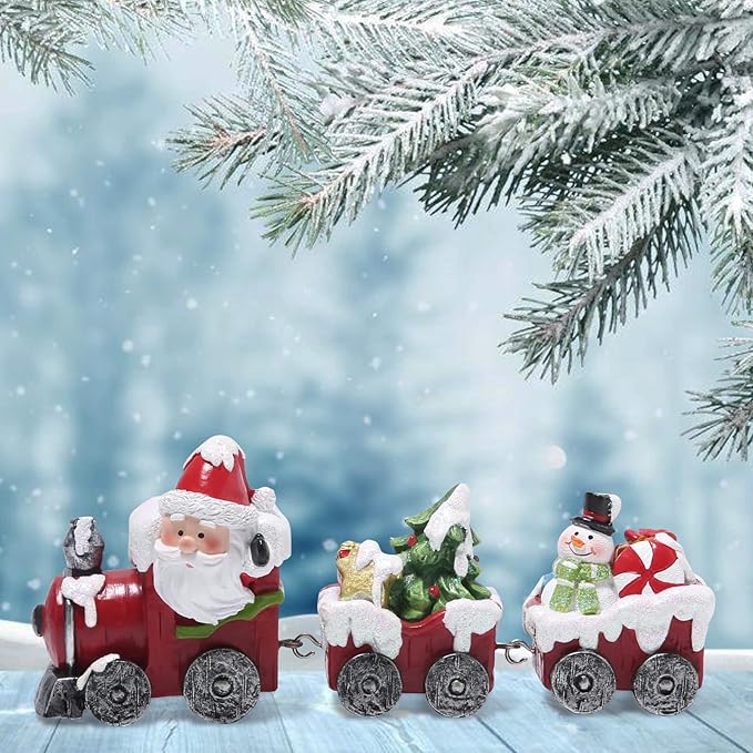 Hodao Christmas Train Figurines with Santa, Tree & Snowman – Mini Resin Tabletop Decorations for Home, Indoor Holiday Decor, Lovely Ornaments & Gift