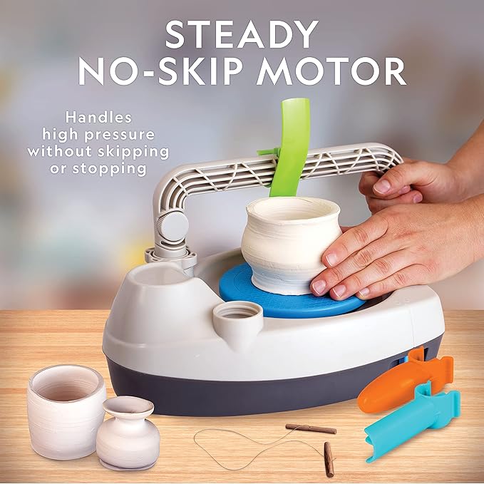 NATIONAL GEOGRAPHIC Deluxe Pottery Wheel Kit – Complete Starter Pottery Set, Plug-In Motor, 3 lbs. Air Dry Clay, Gemstone Chips, Sculpting Tools, Patented Arm Tool, Paints & More, Great Kids Craft Kit