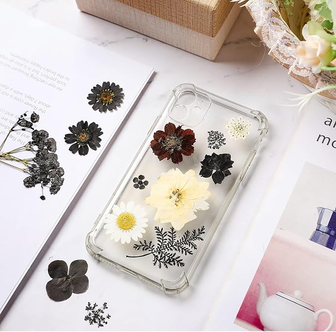 Nuanchu Black Dried Pressed Flowers for Crafts Gothic Dried Flowers Bulk Natural Pressed Wildflowers with Tweezer for Resin Mold Scrapbooking Nail Soap Candle Making DIY Scrapbook Halloween Supplies