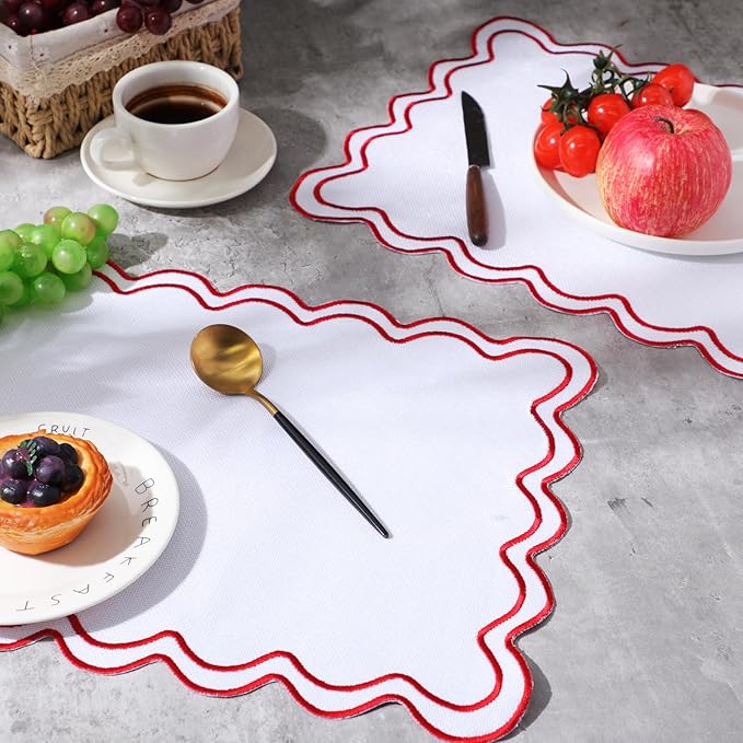 12 Set Linen Placemat 13x19 Wavy Embroidery Scalloped Placemat Double Layered Washable Farmhouse Dinner Table Mat Fabric Napkin for Christmas Hotel Restaurant Wedding Party(White&red)