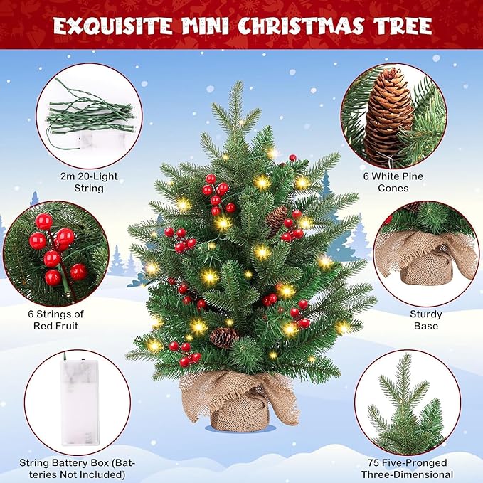Mini Christmas Tree,20 inch/50CM Small Christmas Tree with Lights with 2M LED Lights,75 Branch Tips,for Home Office Christmas Decorations