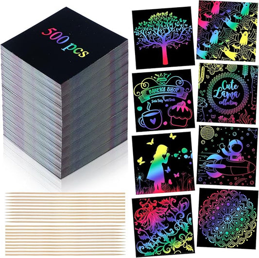 Lenwen 500 Pack Scratch Cards Rainbow Note Scratch Pads with 20 Bamboo Stylus for People Paper DIY Paper Craft Kits Birthday Party Favors Supplies(Rainbow,500)