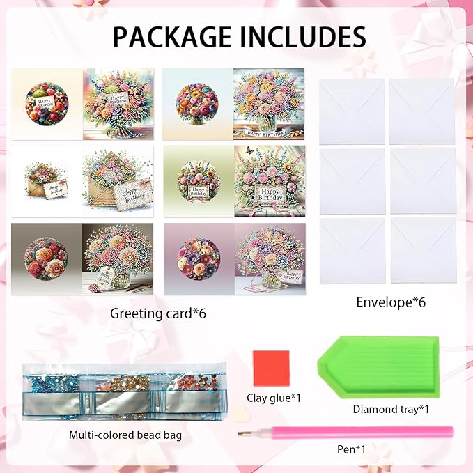 6-Pack Wishes & Blooms Bouquet Diamond Painting Greeting Card Kits, Special Shaped Diamonds Painting, DIY Handcraft for Relatives and Friends with Wishes,Unique Design Crafting for Birthday Cards