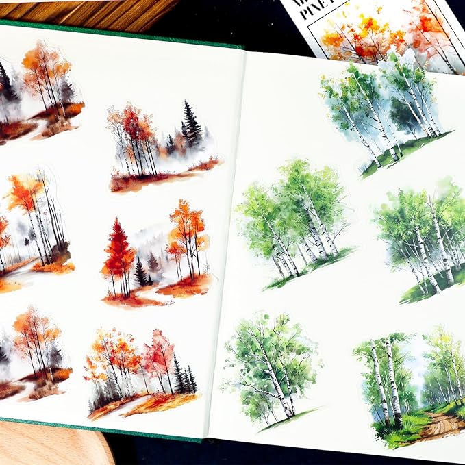 120 Pieces Botanical Tree-Themed PET Sticker, Christmas Tree Pine Tree Forest Scenery Stickers for Scrapbooking, Journaling, Creative Journal Supplies, and DIY Crafts