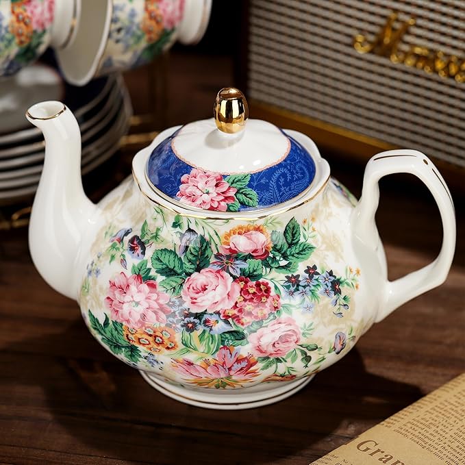fanquare 21-Piece Blue Lace Porcelain Tea Set, China Coffee Cup and Saucer Set for 6, Pink Flower Tea Sets for Adults Women