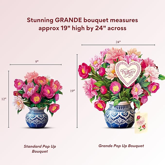 Freshcut Paper Pop Up Cards, Mother's Day Card, Grande Peony Paradise, Happy Mother's Day, 18 Inch Life Sized Forever Flower Bouquet 3D Popup Greeting Card, Gifts for Mom, Blank Notecard & Envelope