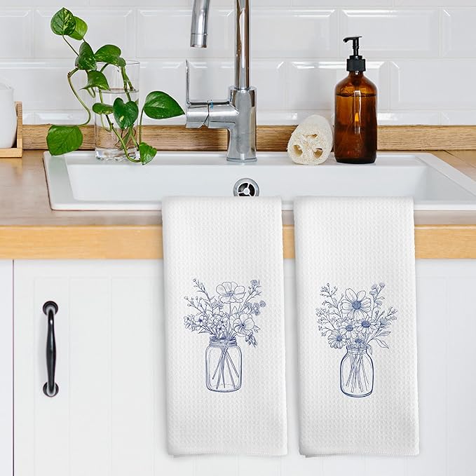 Bohemian Bouquet Kitchen Dish Towels Set of 2, Minimalist Botanical Still Life Decor for Bathroom, Modern Aesthetic Fine Line Floral Hand Towels Kitchen Tea Towels Decorations, 16x24inch