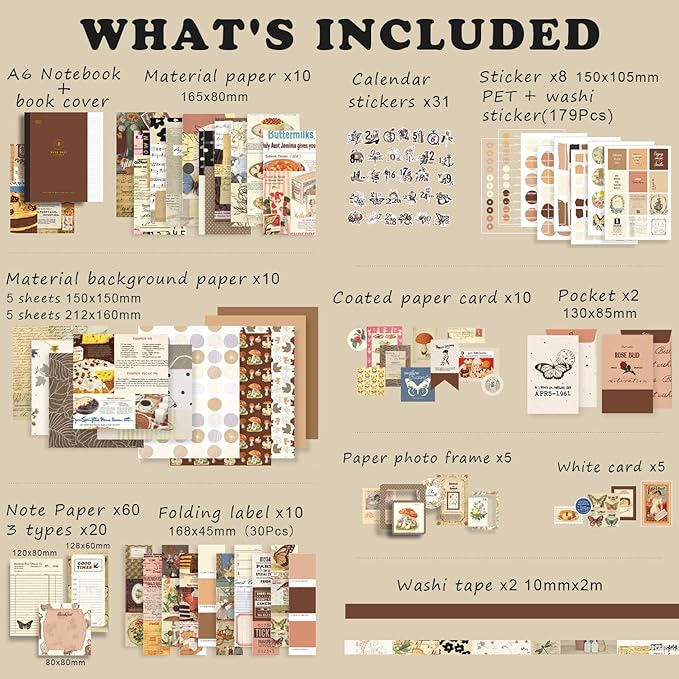 Draupnir Vintage Scrapbook Kit(346pcs), Bullet Junk Journal Kit with Journaling/Scrapbooking Supplies, Stationery, A6 Grid Notebook with Graph Ruled Pages, DIY Gift for Teen Girl Kid Women - Vintage