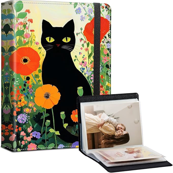 Photo Album 4x6-120 Photos Capacity,PU Leather Cover with Elastic Band,High Definition Waterproof PP Pages for Family Wedding Anniversary Baby Record,Black Cat Wildflower
