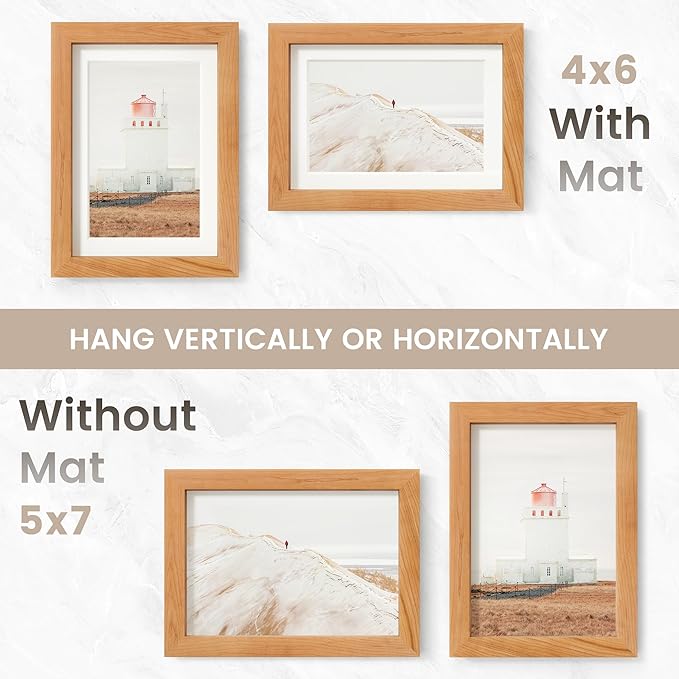 5x7 Picture Frame, USA-Sourced Natural Cherry Wood Photo Collage Frame with HD Tempered Glass, Modern Simple 5 x 7 Wooden Frame Matted to 4x6, Gallery Wall Frames for Art, Wall or Tabletop Display