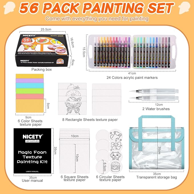 NICETY Magic Foam Texture Painting Kit, 56 Pack 3D Art Set with 24 Acrylic Paint Pens, 28 Puffy Texture Paper, 2 Water Brush Pens, Transparent Storage Box – Aqua Puffs Effect Magic Paint Set