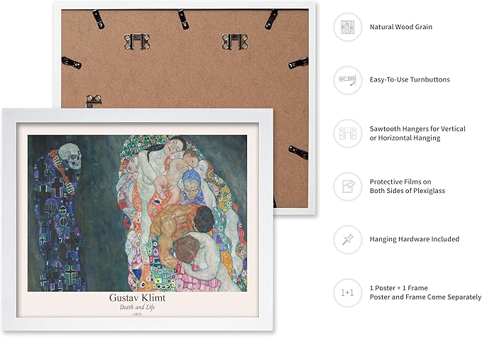 Poster Master Vintage Gustav Klimt Poster - Retro Death and Life Print - Art Nouveau - Symbolism Art - Abstract Art - Aesthetic Art - Classic Painting - Living Room Decor - 16x20 White Framed