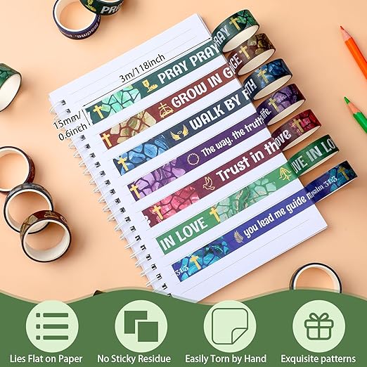 Janlaugh 24 Rolls Christian Washi Tape Gifts Bulk Religious Inspirational Scripture Supplies Bible Verse Tape for Bible Study Journaling Crafting Christmas Stocking Stuffers Gift(Cross)